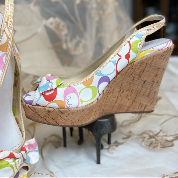 COACH Gwynnie Signature 4.5" Cork Wedge Slingback Sandals Multi Pastel with Bow. - Picture 9 of 15